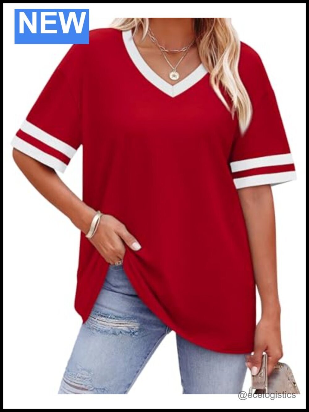 Loose Fit Short Sleeve V-Neck Color Block T-Shirt S-4XL
